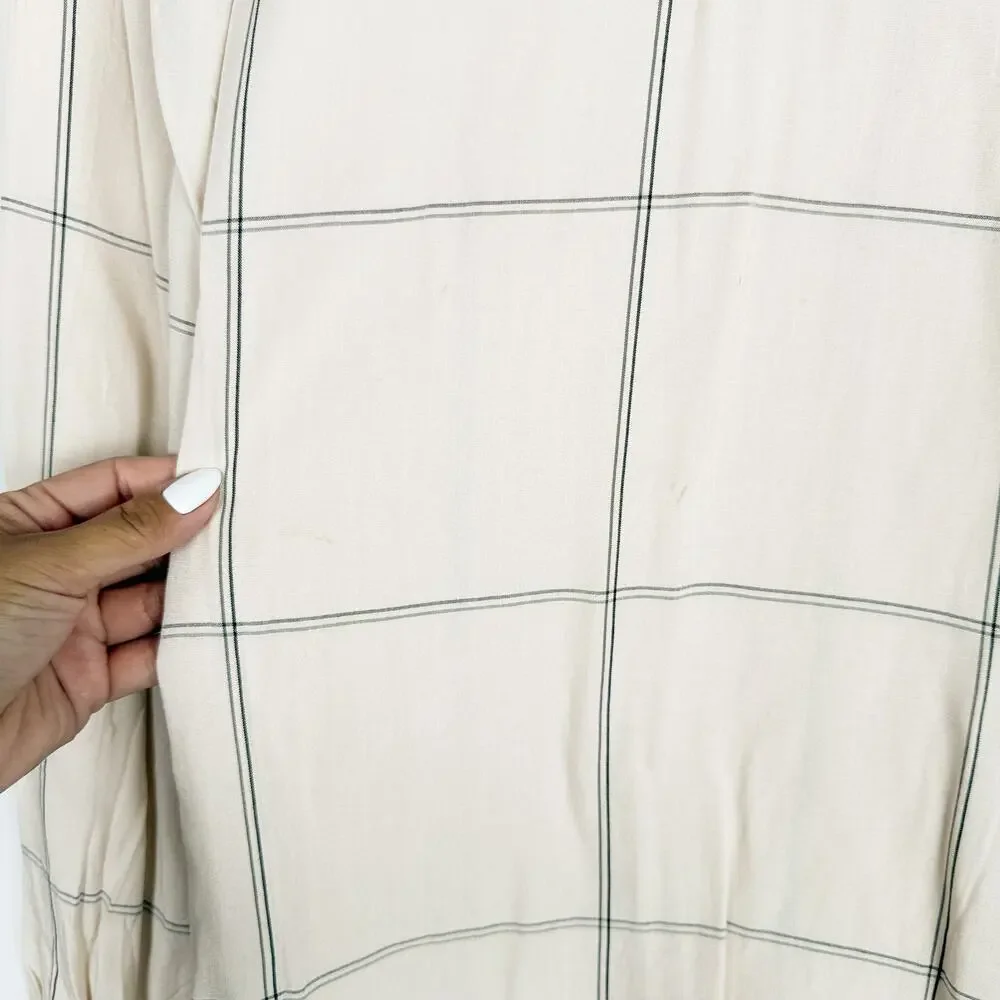 New LOFT Windowpane Beige Blouse Puff Sleeves Top - M
